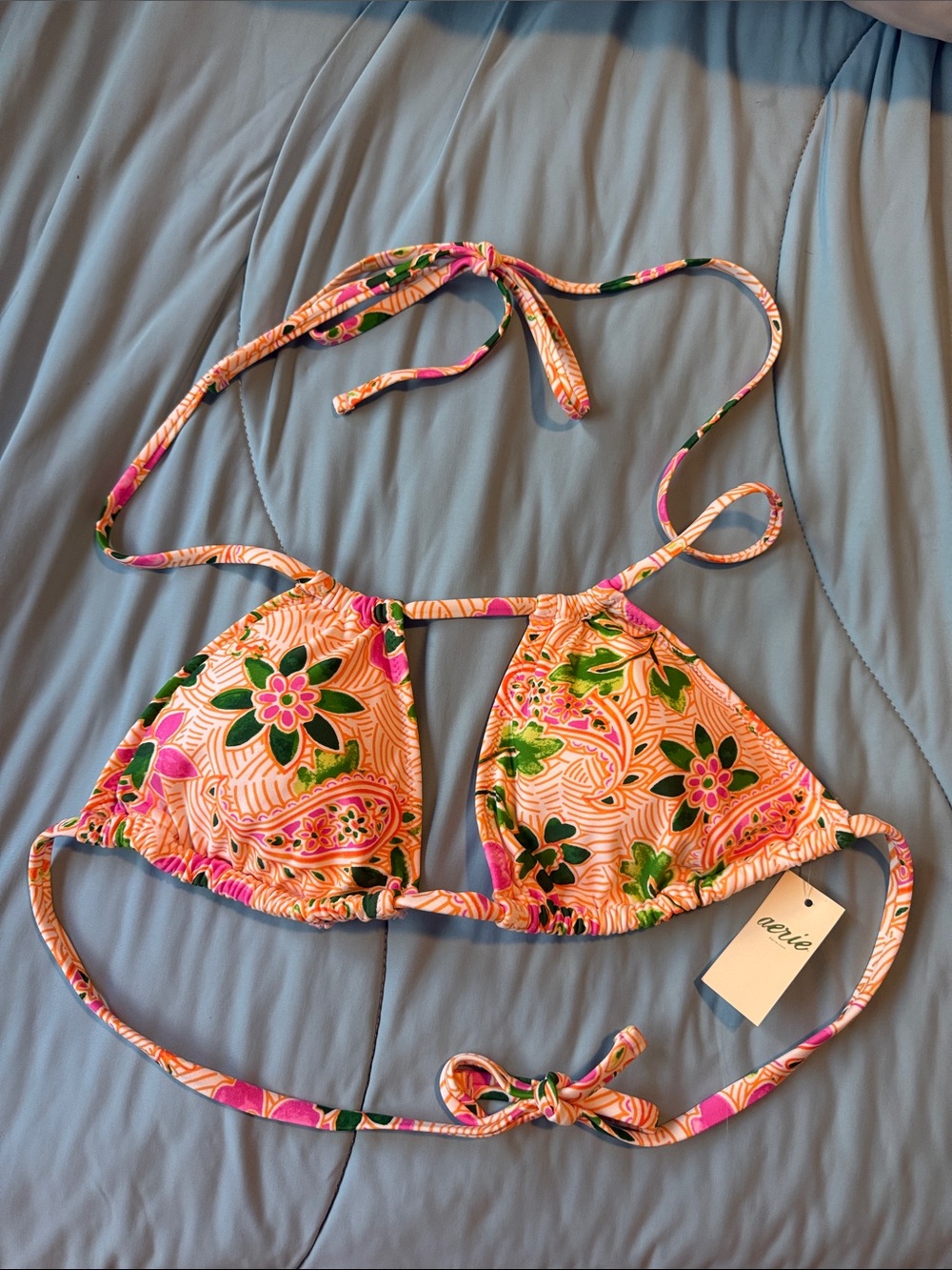 aerie Pink & Green Floral Triangle Bikini Top